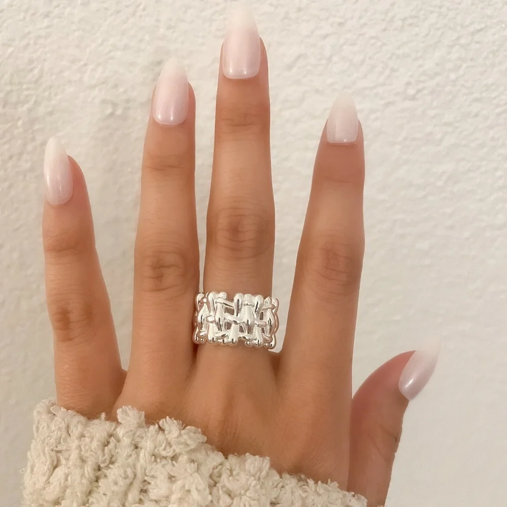 925 Sterling Silver Chunky Bold Statement Ring Thick Wide Ring Woven Ring Band - Picture 3 of 9